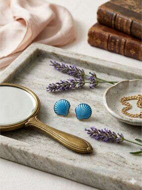 Vintage Opro Norway Sterling Silver Blue Enamel Shell Stud Earrings Gold Vermeil